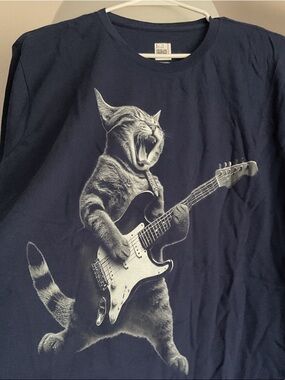 Graphic Cat Guitar Print T-Shirt - Navy